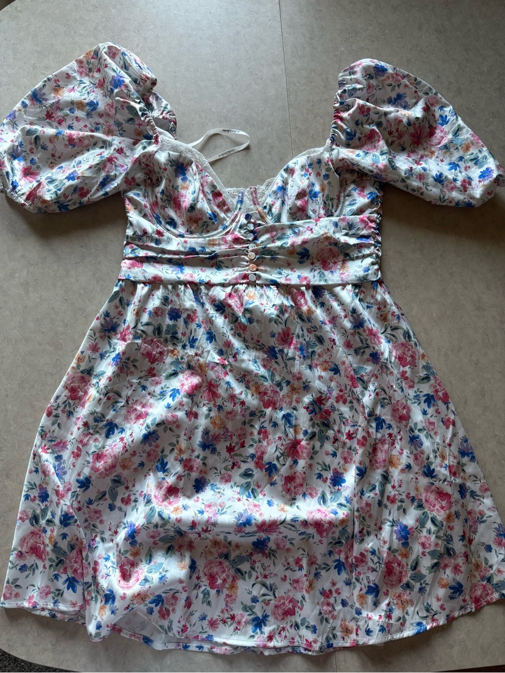 For Love And Lemons White Floral Puff-Sleeve Dress with Pink & Blue Flowers